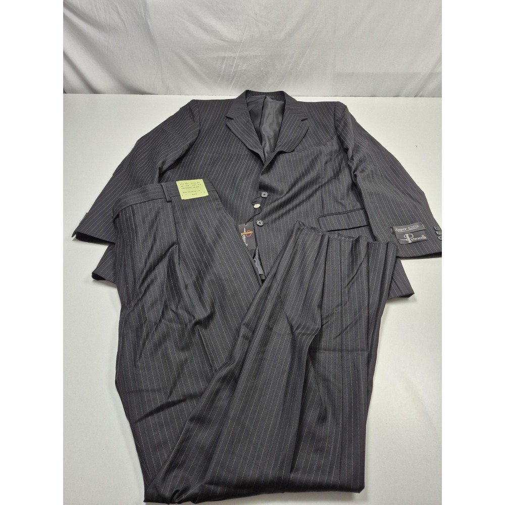VTG Petrocelli Suit Mens 46 Big Tall Black Wool Pinstripe 44x36 Super 120s